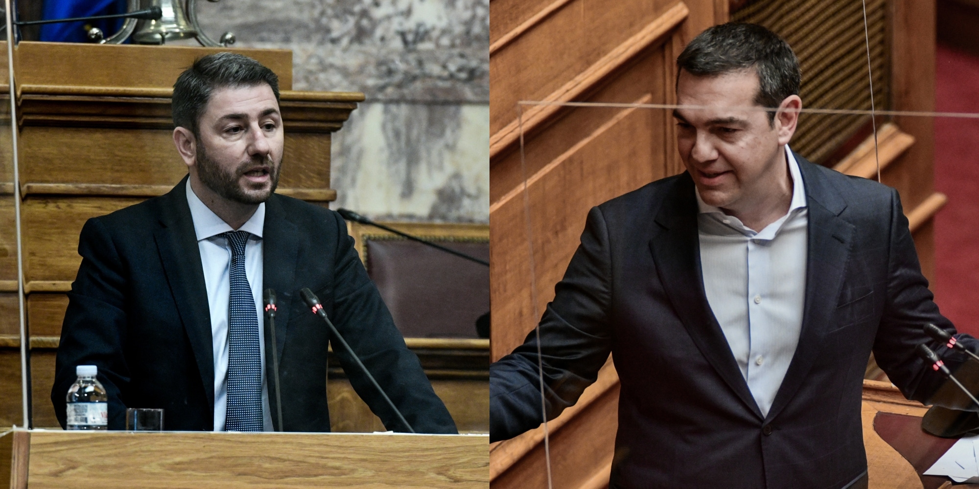 Ο πρόεδρος του ΠΑΣΟΚ, Νίκος Ανδρουλάκης και ο πρόεδρος του ΣΥΡΙΖΑ, Αλέξης Τσίπρας