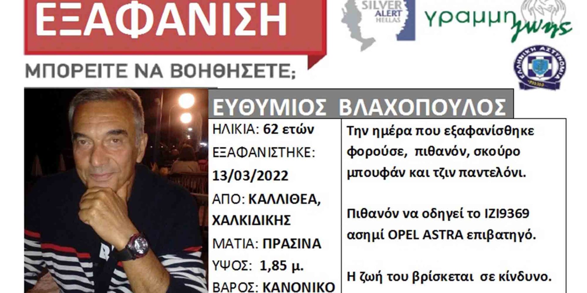 Η ανακοίνωση της Αστυνομίας για την εξαφάνιση του Ευθύμιου Βλαχόπουλου στη Θεσσαλονίκη