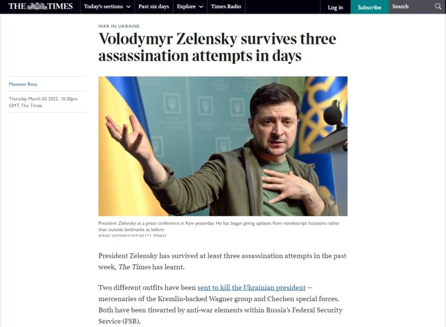 Times: «Οι Ρώσοι προσπάθησαν τρεις φορές να δολοφονήσουν τον Ζελένσκι» (εικόνα)