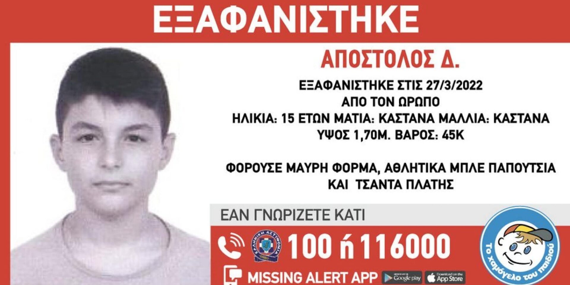 Ο 15χρονος που εξαφανίστηκε από τον Ωρωπό