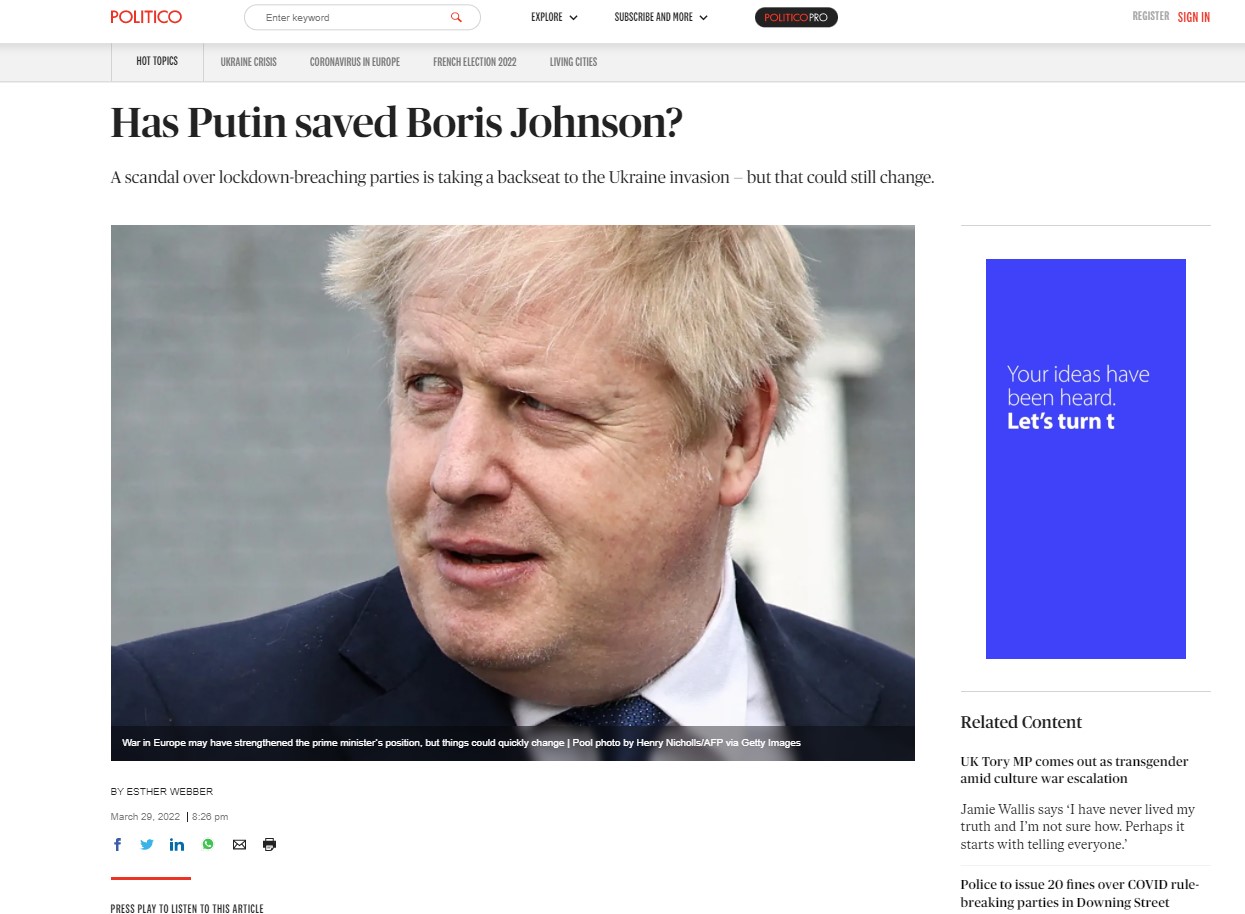 Politico: «Έσωσε ο Πούτιν τον Μπόρις Τζόνσον;»