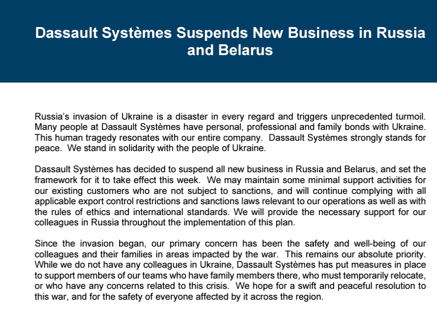 Ουκρανία: Η γαλλική Dassault Systèmes θα αναστείλει όλες τις νέες δραστηριότητες σε Ρωσία και Λευκορωσία