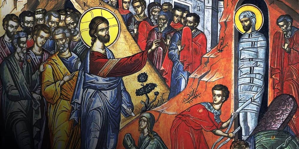 Εικόνα στην οποία ο Λάζαρος στέκει μετά την Ανάσταση ενώπιων του Χριστού