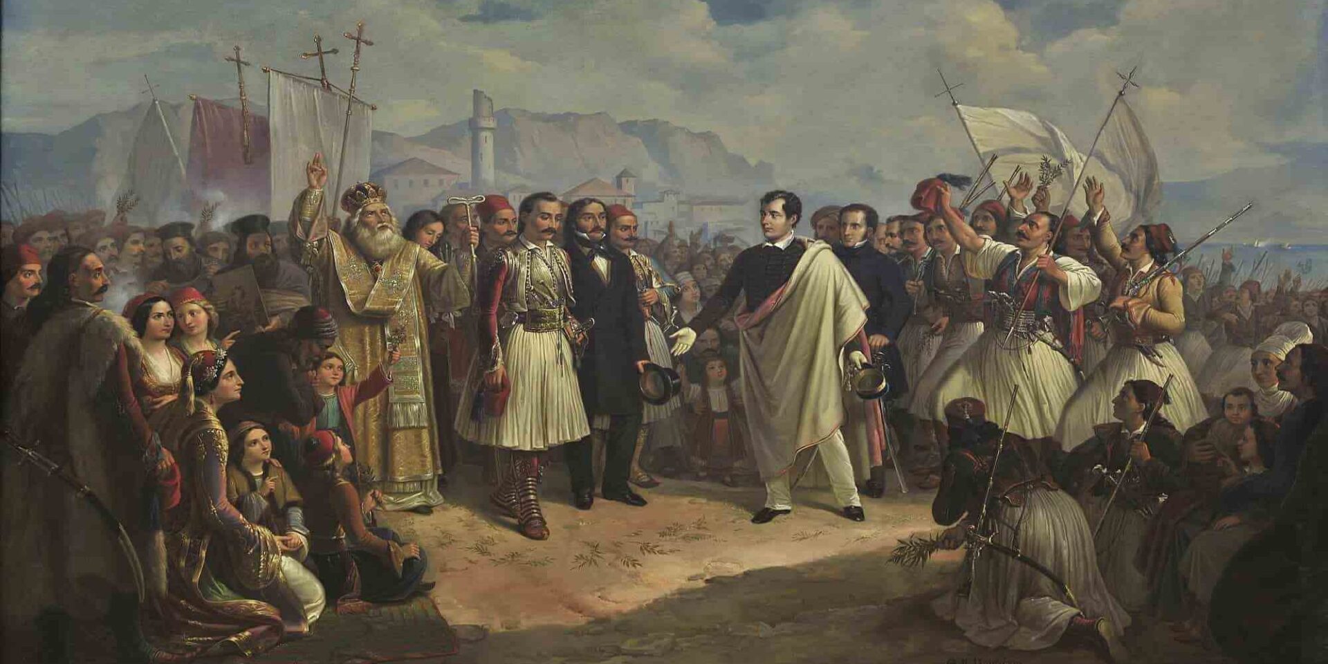 «Η υποδοχή του Λόρδου Βύρωνα στο Μεσολόγγι», πίνακας του Θεόδωρου Βρυζάκη, 1861 / Φωτογραφία: Εθνική Πινακοθήκη