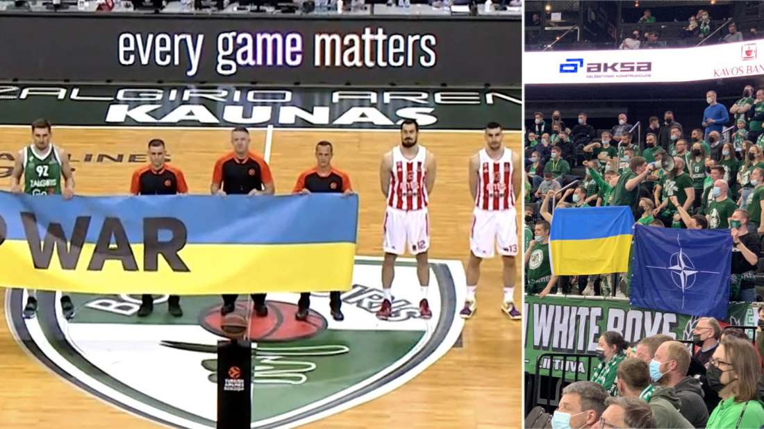 euroleague serbia kaunas ukraine war 04 04 2022 - Ένταση στο Κάουνας: Αρνηση Σέρβων να κρατήσουν το αντιπολεμικό πανό για την Ουκρανία - Οι Λιθουανοί σήκωσαν σημαίες του ΝΑΤΟ (βίντεο)