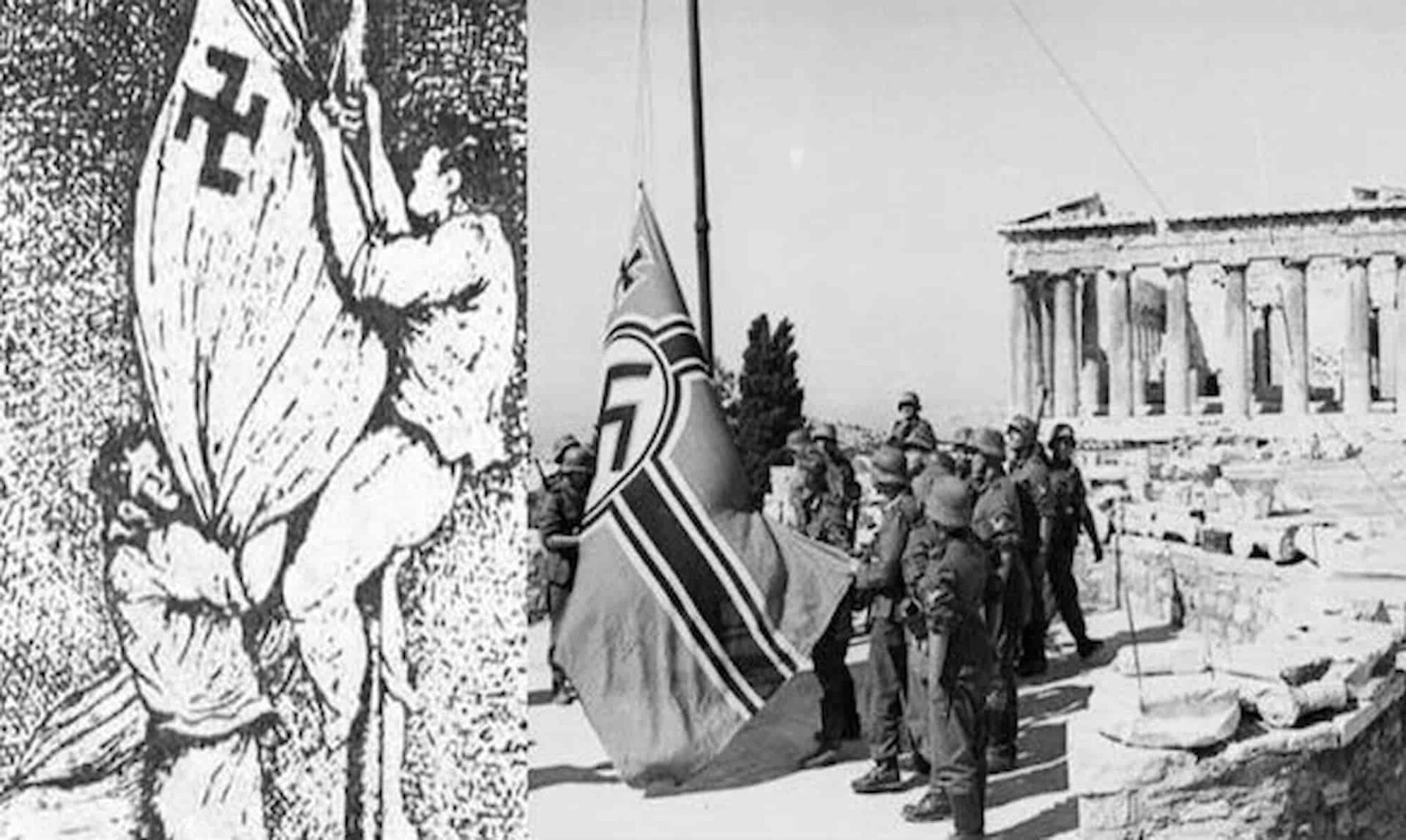 Σκίτσο με τους Γλέζο και Σάντα να κατεβάζουν την σβάστικα από την Ακρόπολη
