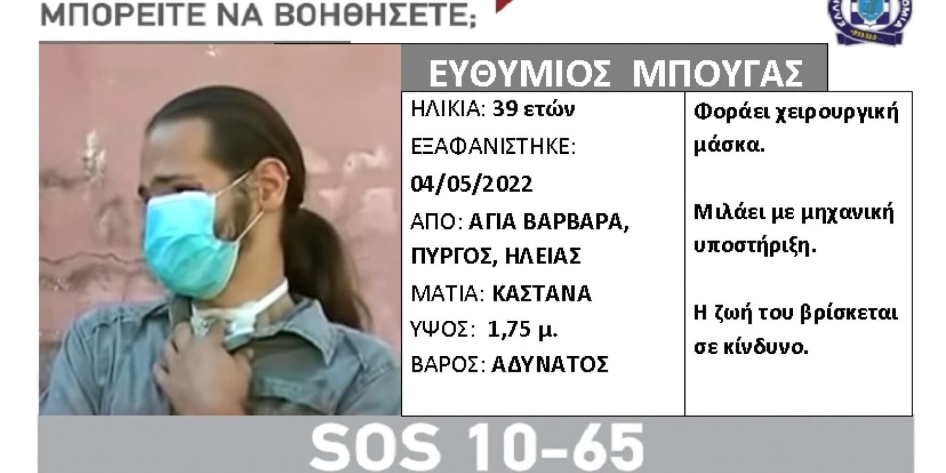 Silver alert για την εξαφάνιση του Θύμιου