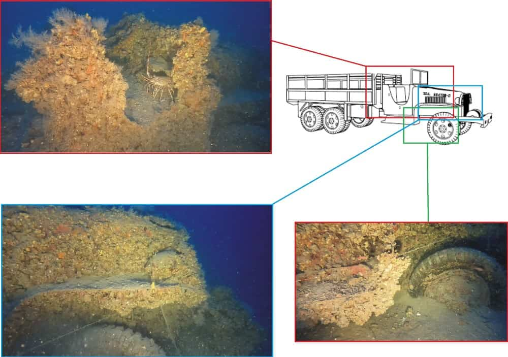 Φωτογραφική αποτύπωση και σχέδιο σε ένα από τα στρατιωτικά φορτηγά που βρέθηκαν πλησίον του ναυαγίου ΤΡΕΙΣ ΙΕΡΑΧΕΣ
