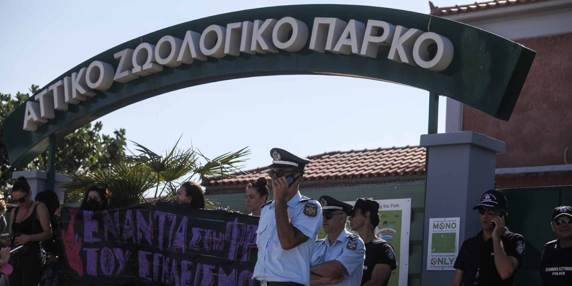 Αστυνομική δύναμη στη συγκέντρωση διαμαρτυρίας έξω από το Αττικό Ζωολογικό Πάρκο για τη θανάτωση του χιμπατζή