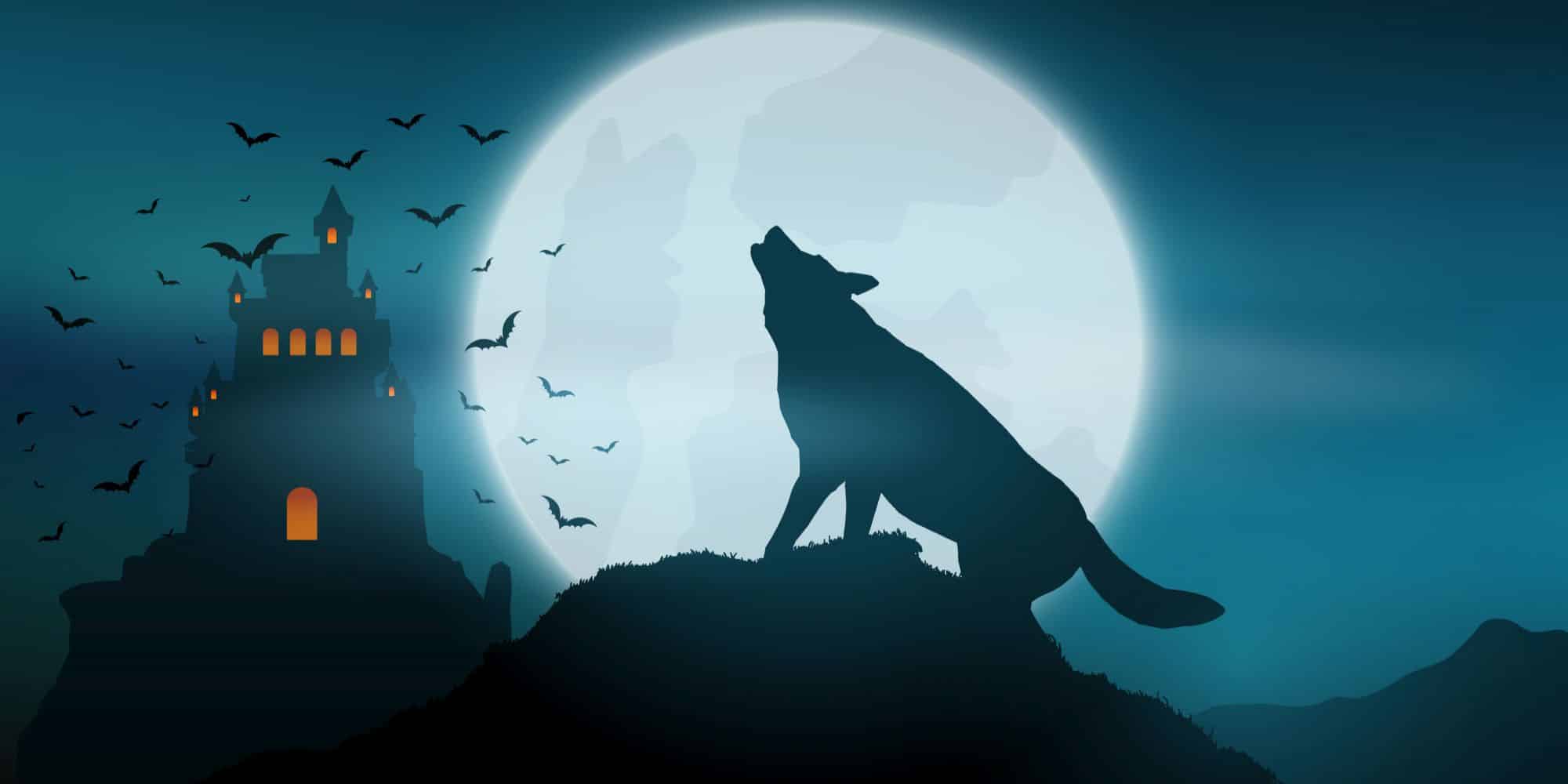 Λύκος ουρλιάζει τα μεσάνυχτα στο φεγγάρι σε παραμύθι