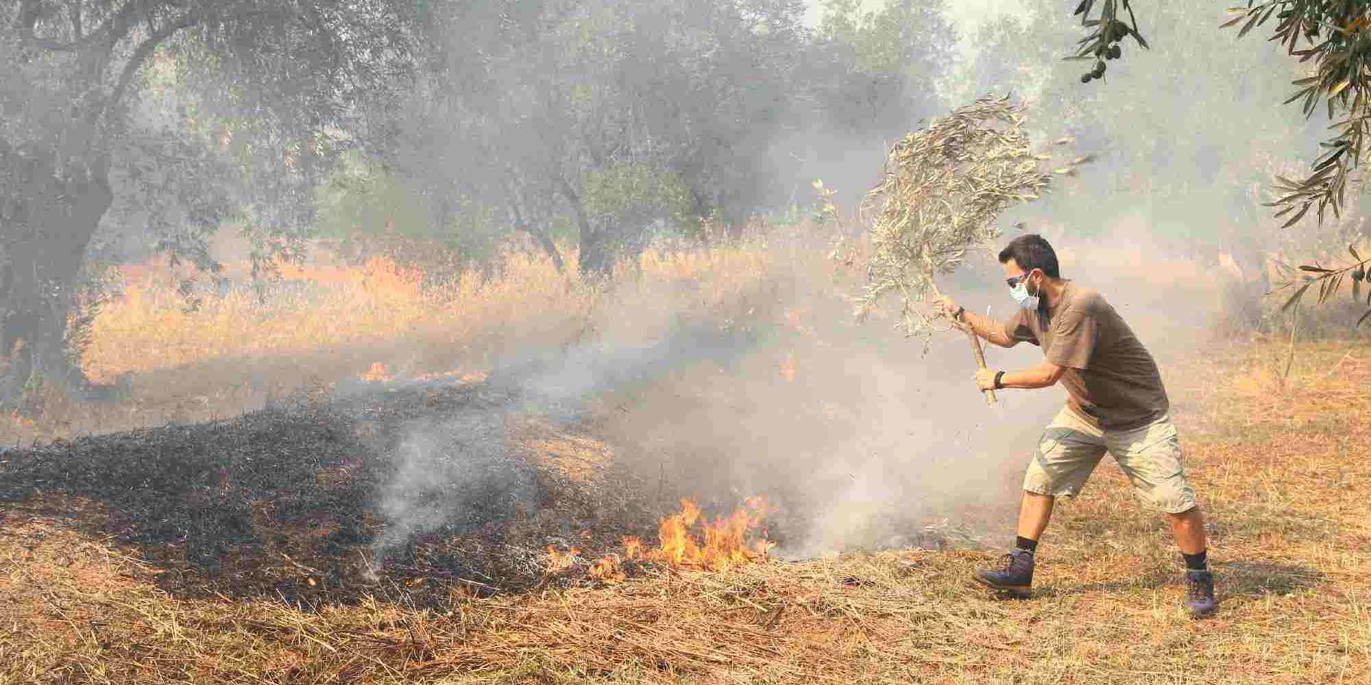 Κάτοικος προσπαθεί να σβήσει την φωτιά που εκδηλώθηκε στην Άμφισσα