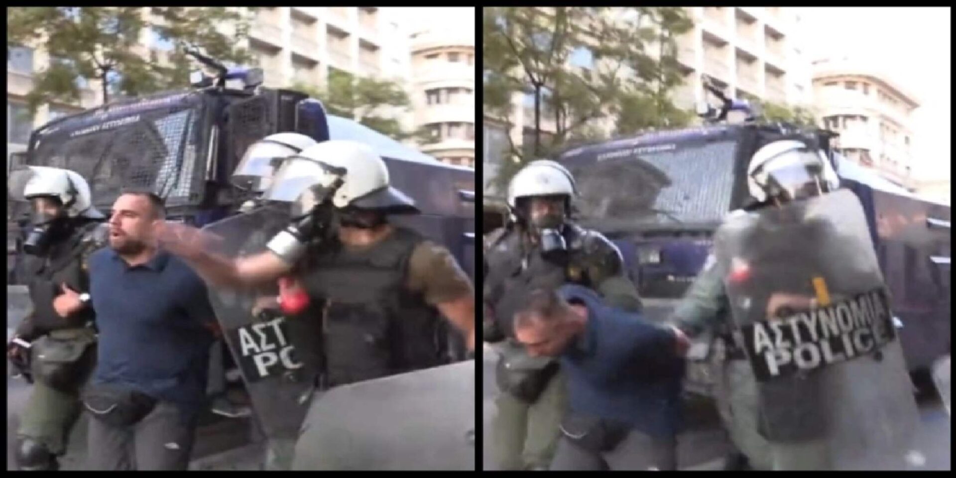 Εικόνα από το περιστατικό που άνδρας τον ΜΑΤ χτυπά διαδηλωτή
