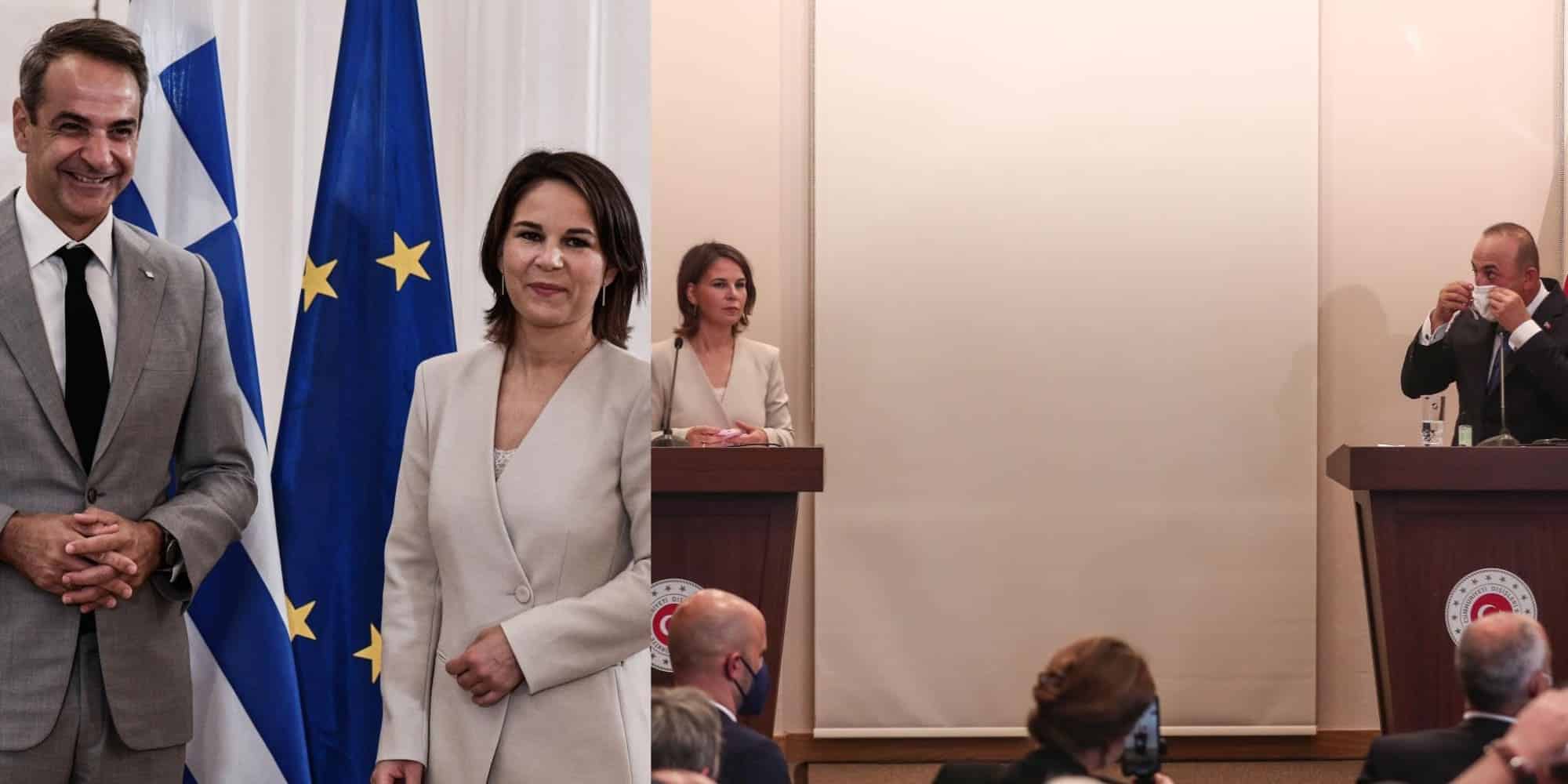 Ο πρωθυπουργός Κυριάκος Μητσοτάκης και η υπουργός Εξωτερικών της Γερμανίας Αναλένα Μπέρμποκ στα αριστερά και δεξιά η Μπέρμποκ με τον ΥΠΕΞ της Τουρκίας, Μεβλούτ Τσαβούσογλου
