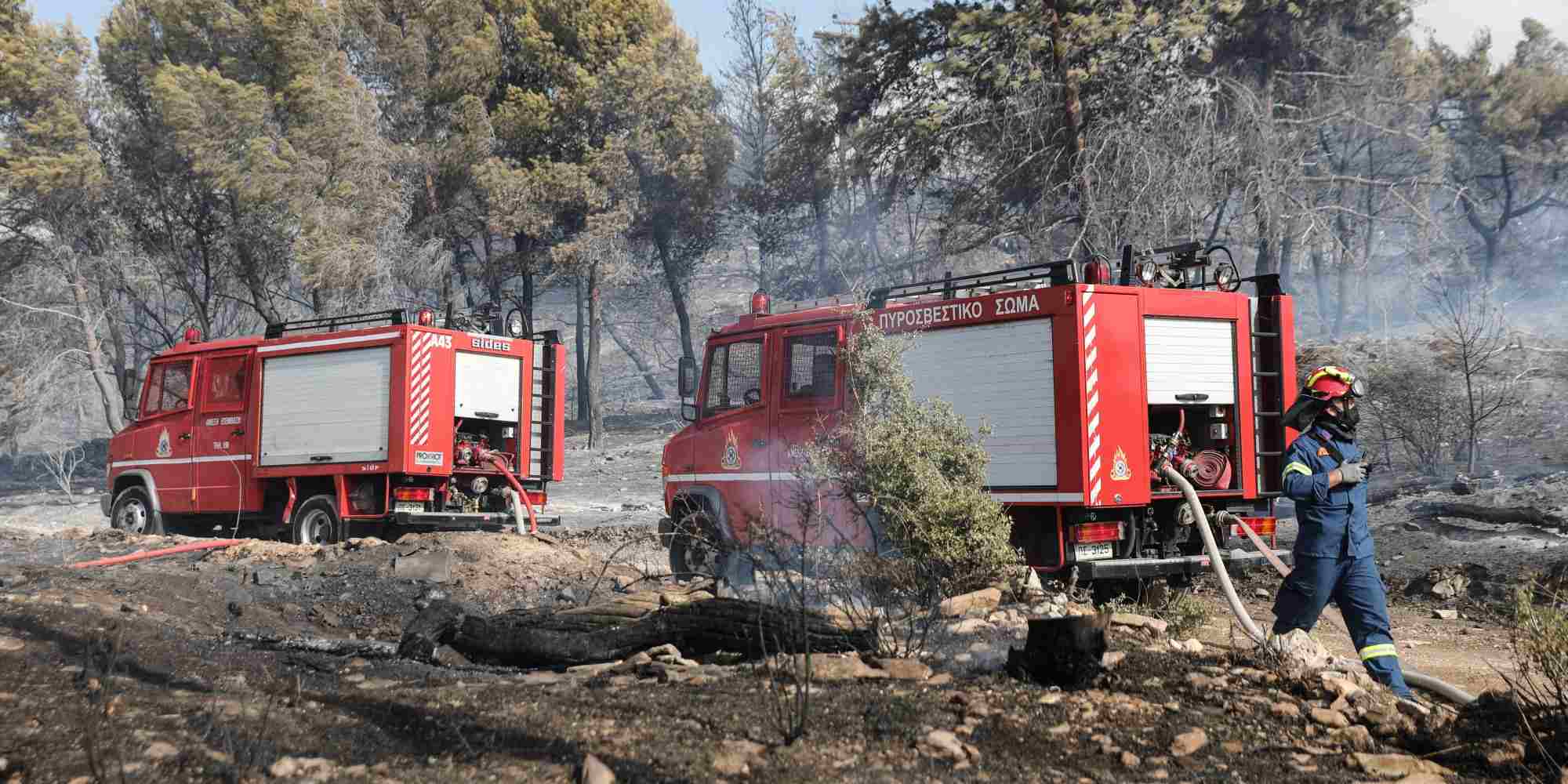 Πυροσβεστικά οχήματα και άνδρας της υπηρεσίας σε κατάσβεση πυρκαγιάς