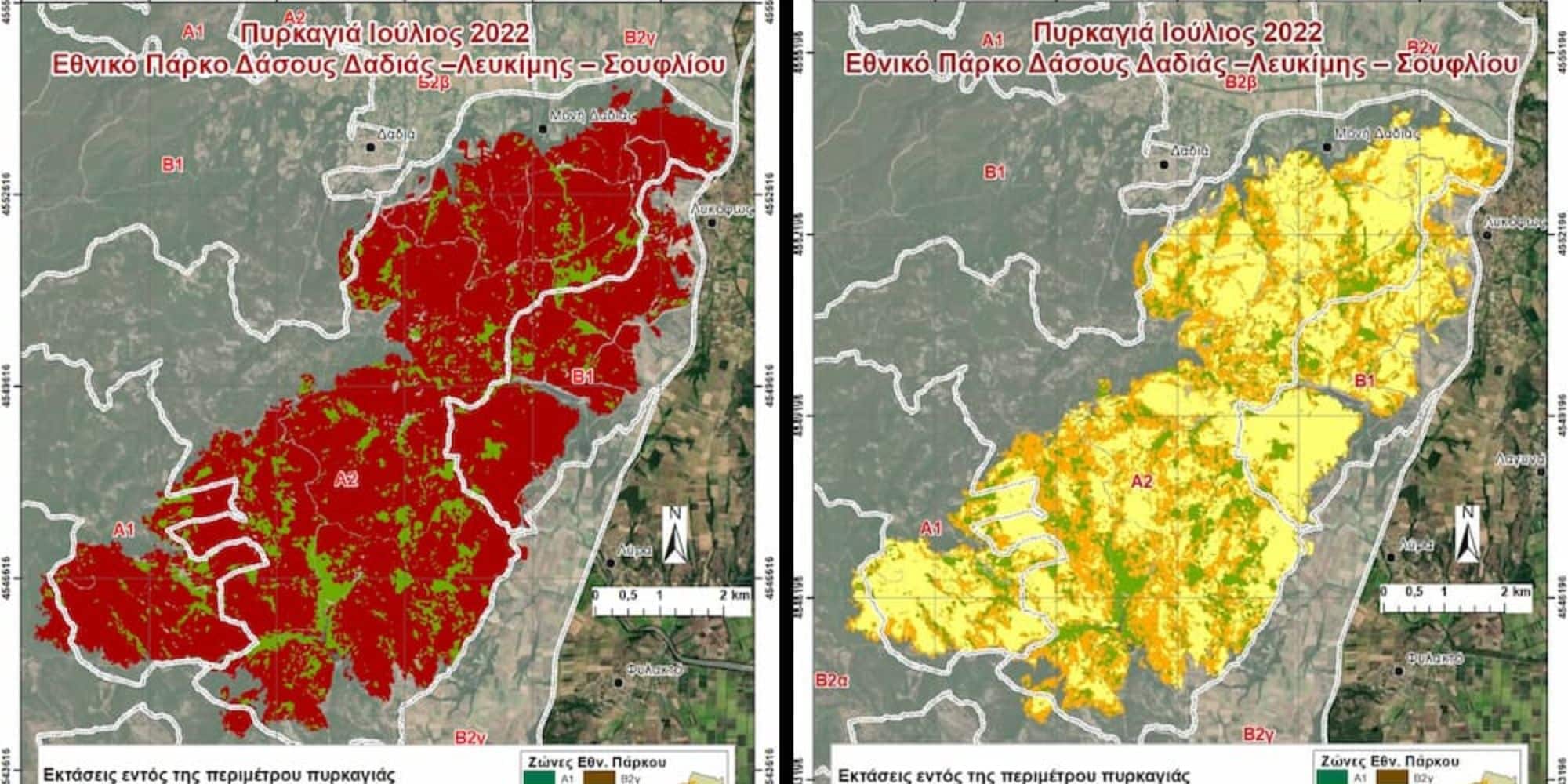 Χάρτες που απεικονίζουν την καταστροφή στο δάσος της Δαδιάς
