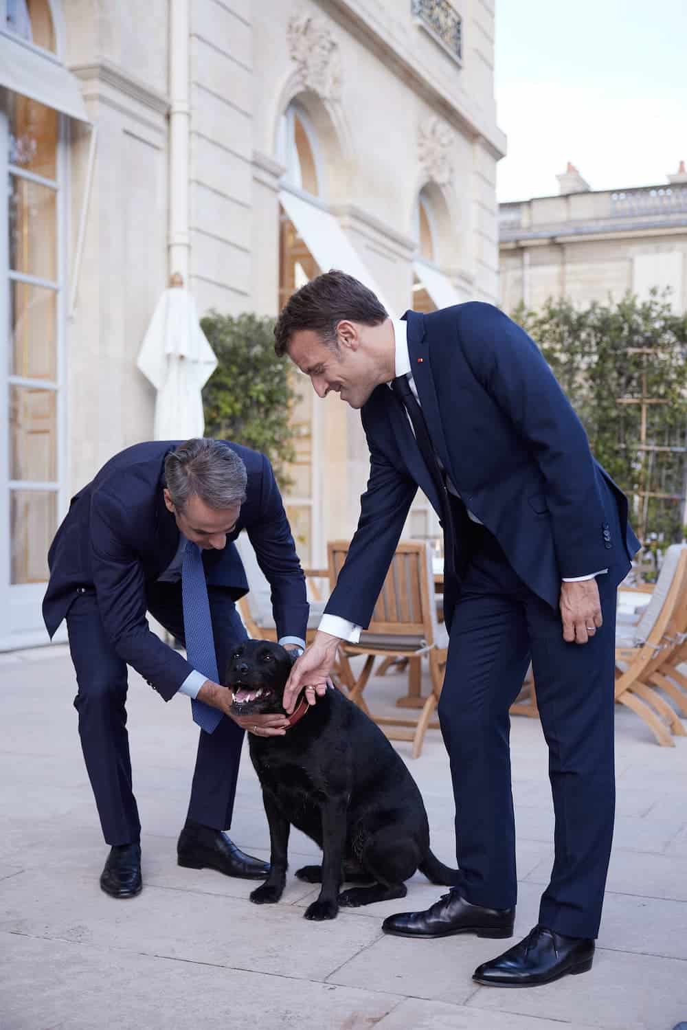 To «θερμό» καλωσόρισμα των Μακρόν σε Μητσοτάκη και Μαρέβα - Τα χάδια του πρωθυπουργού στον σκύλο του Γάλλου προέδρου (εικόνες)