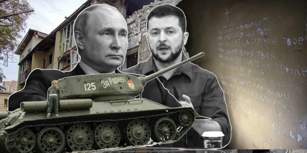Μαίνεται ο πόλεμος στην Ουκρανία. Βλαντιμίρ Πούτιν και Βολόντιμιρ Ζελένσκι και ο πίνακας στον θάλαμο βασανιστηρίων