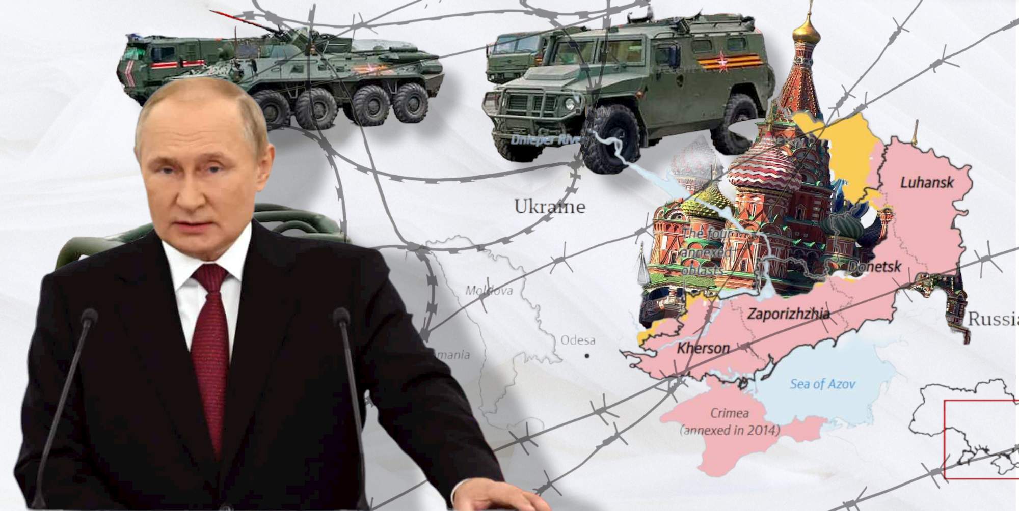 Ο Βλαντιμίρ Πούτιν και ο χάρτης με τις προσαρτήσεις της Ρωσίας επί ουκρανικού εδάφους