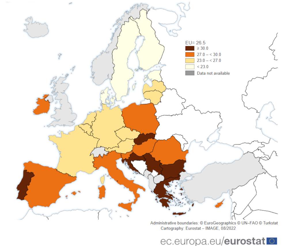 Ο χάρτης της Ευρώπης που δείχνει τον μέσο όρο ηλικίας που οι νέοι εγκαταλείπουν το πατρικό τους. Με σκούρο χρώμα οι χώρες που η ηλικία υπερβαίνει τα 30 έτη / Πηγή: Eurostat