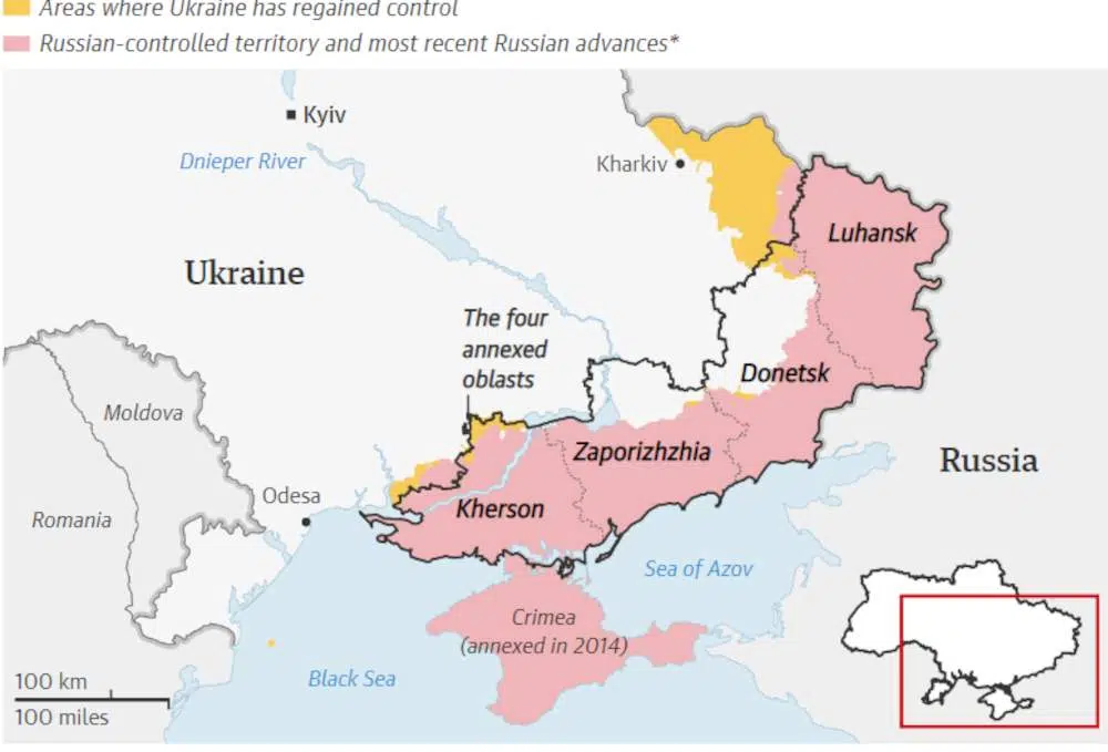 Ο χάρτης της Ουκρανίας με τα εδάφη που έχει καταλάβει η Ρωσία και τα όρια των προσαρτημένων περιοχών