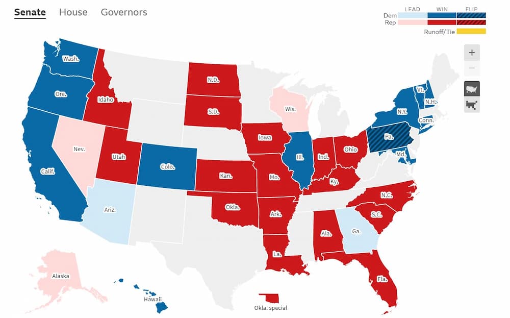 Η μέχρι στιγμής κατανομή των εδρών στη Γερουσία ανά πολιτεία