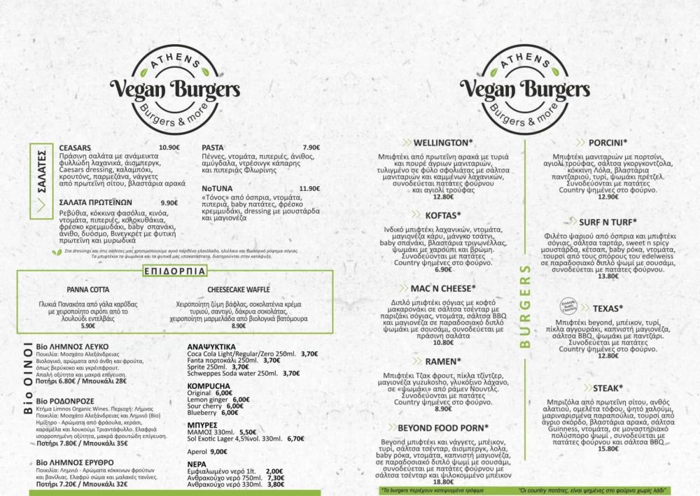 Το μενού του Athens Vegan Burgers