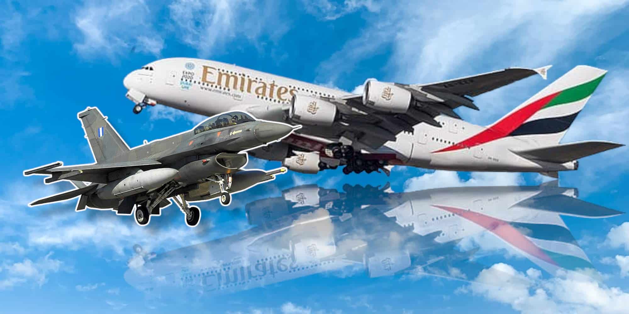 Αεροπλάνο της Emirates και μαχητικό F-16