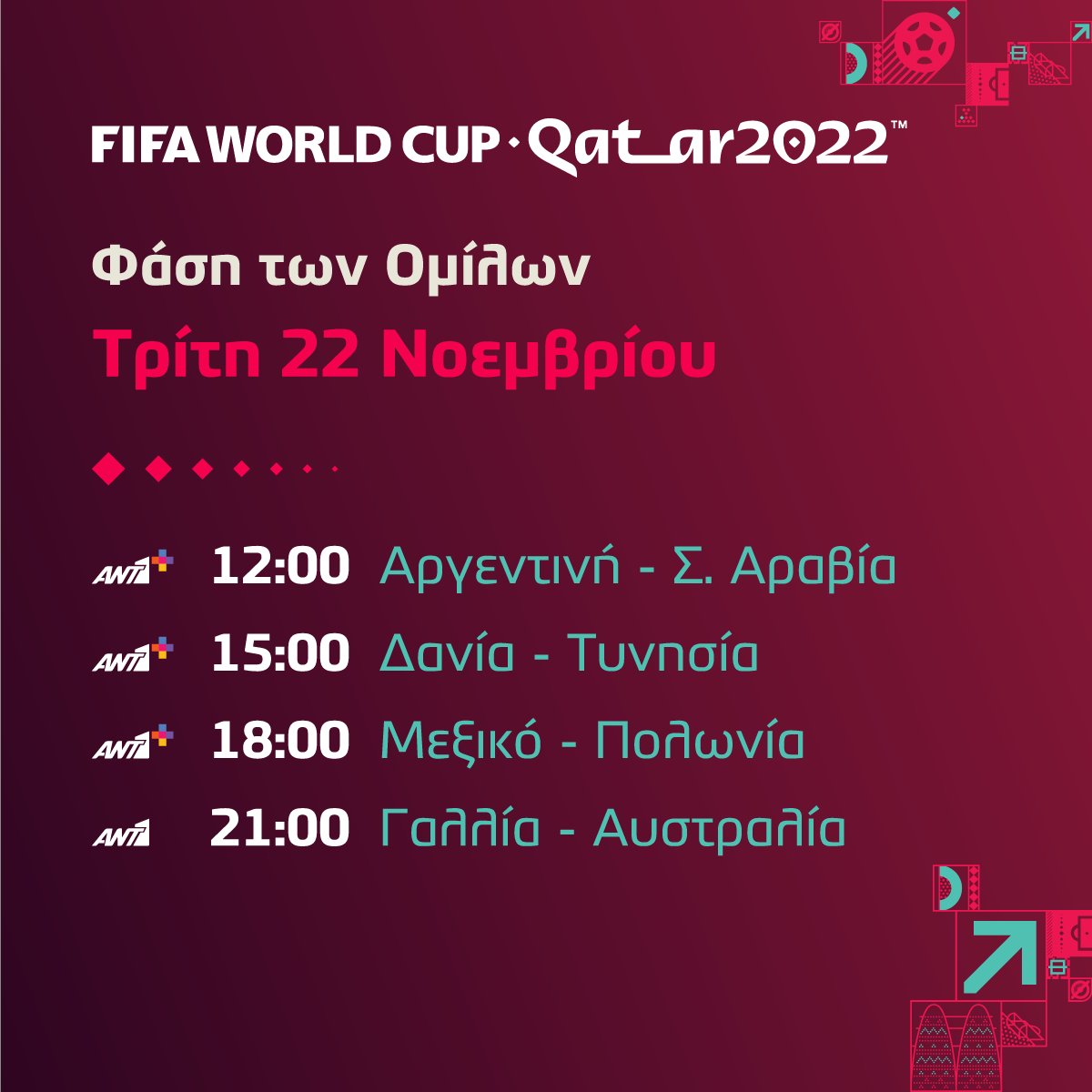 Το πρόγραμμα του Μουντιάλ 2022 για σήμερα Τρίτη (22/11)