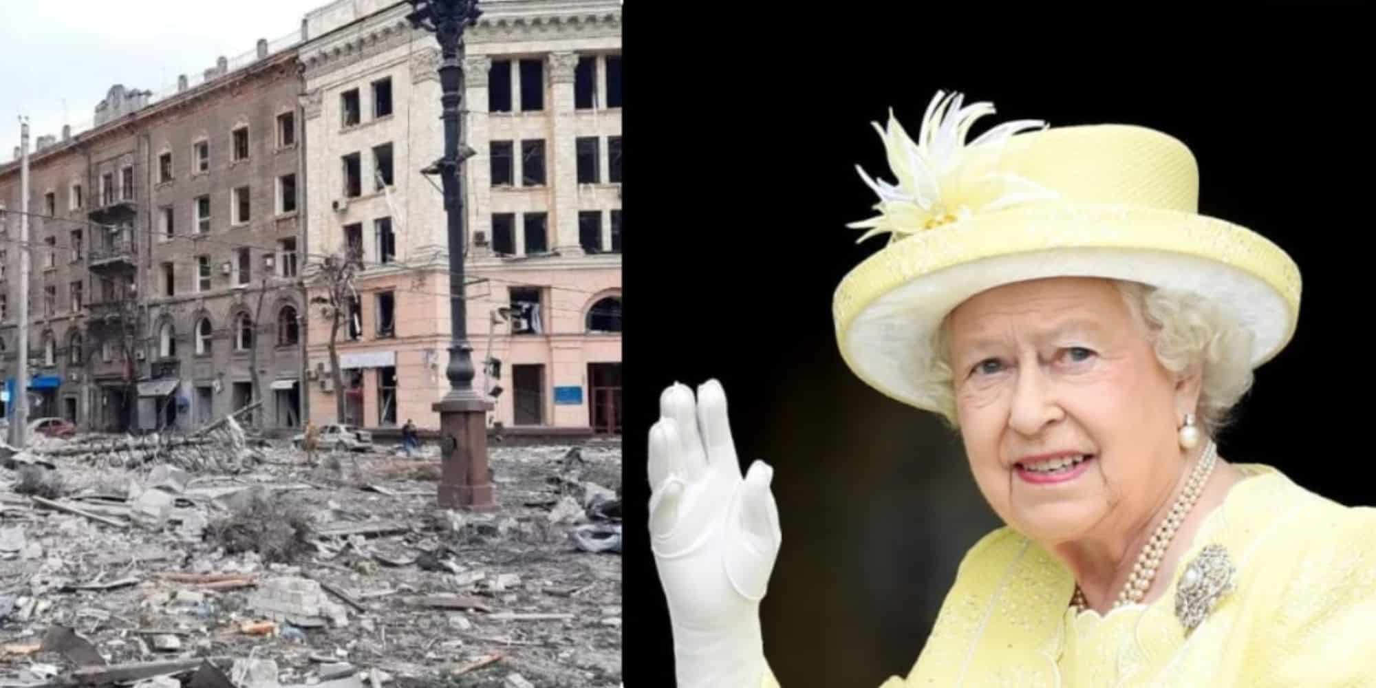 Βομβαρδισμένο τοπίο στην Ουκρανία και η Βασίλισσα Ελισάβετ