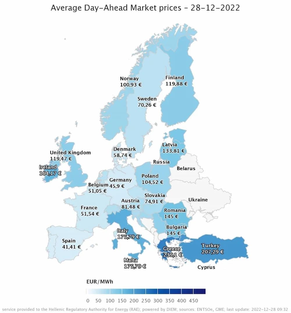 Ο χάρτης με τις τιμές ρεύματος στην Ευρώπη 