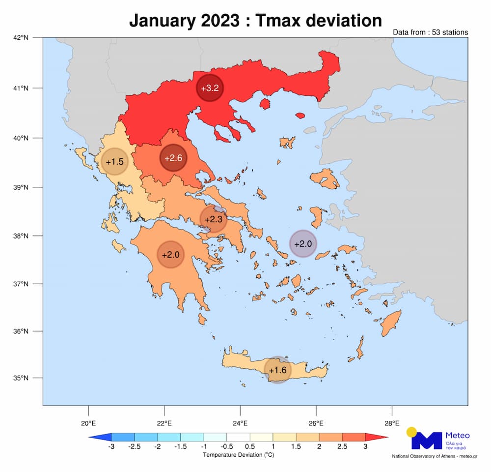 O χάρτης των μ.ο θερμοκρασιών στην Ελλάδα τον Γενάρη
