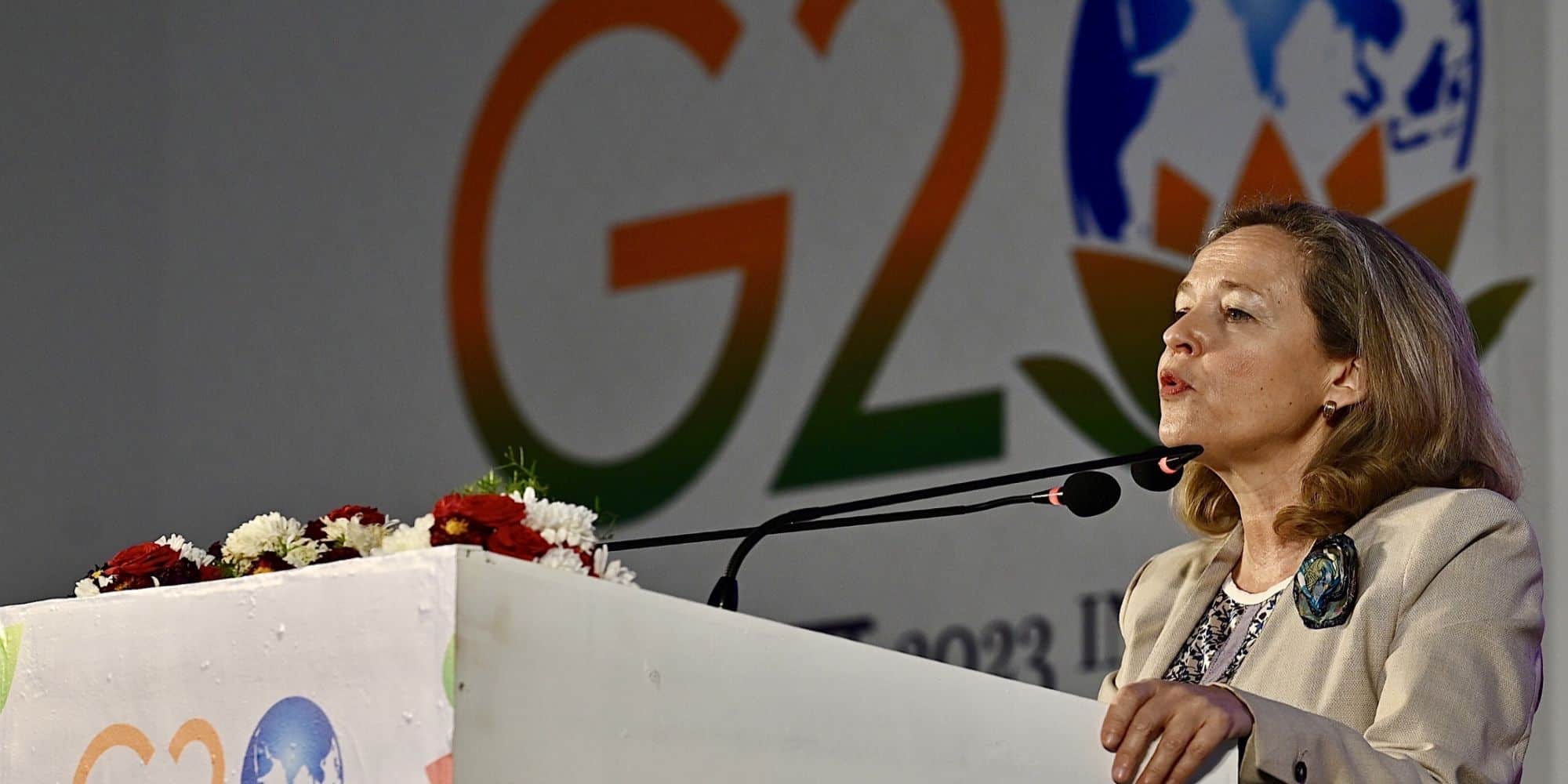 Η υπουργός Οικονομικών της Ισπανίας, Νάντια Καλβίνο, στην σύσκεψη των G20 στην Ινδία