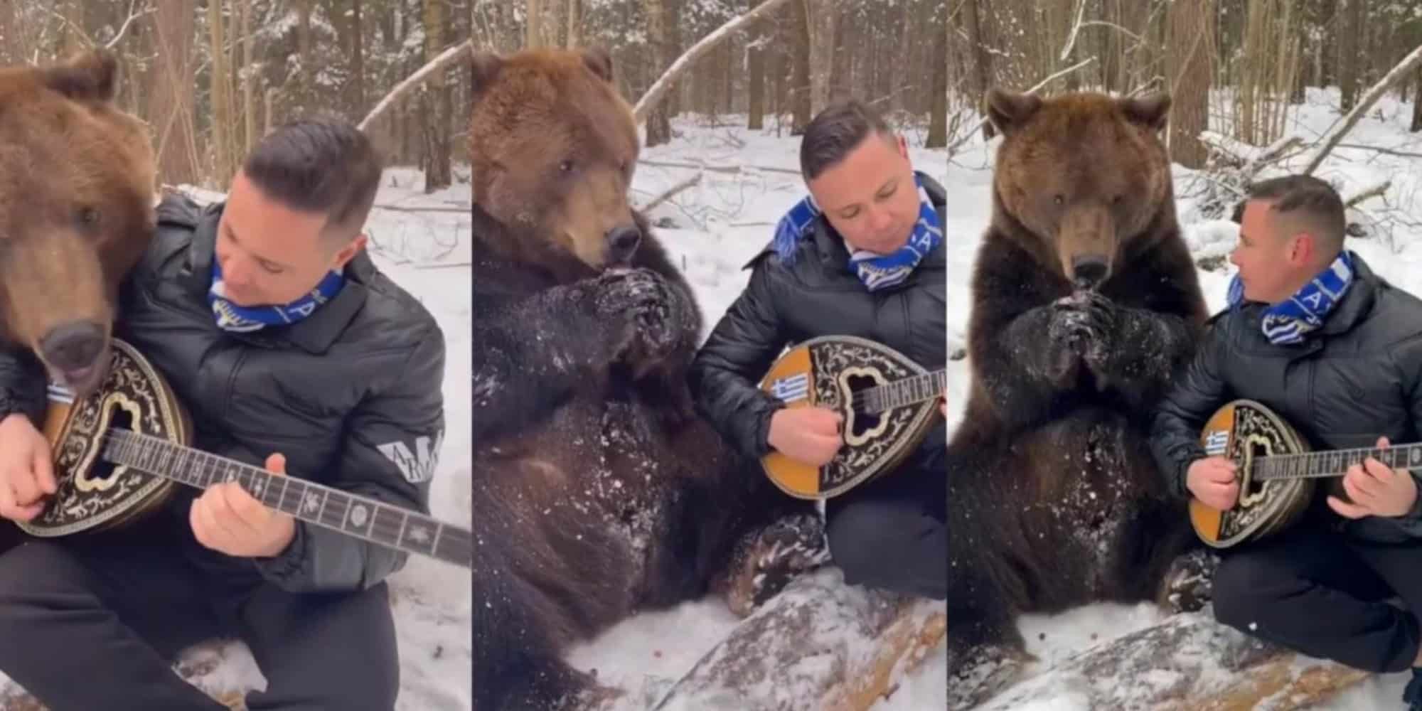 Λαρισαίος γίνεται viral παίζοντας μπουζούκι στα χιόνια με μια αρκούδα να τον… λιγουρεύεται