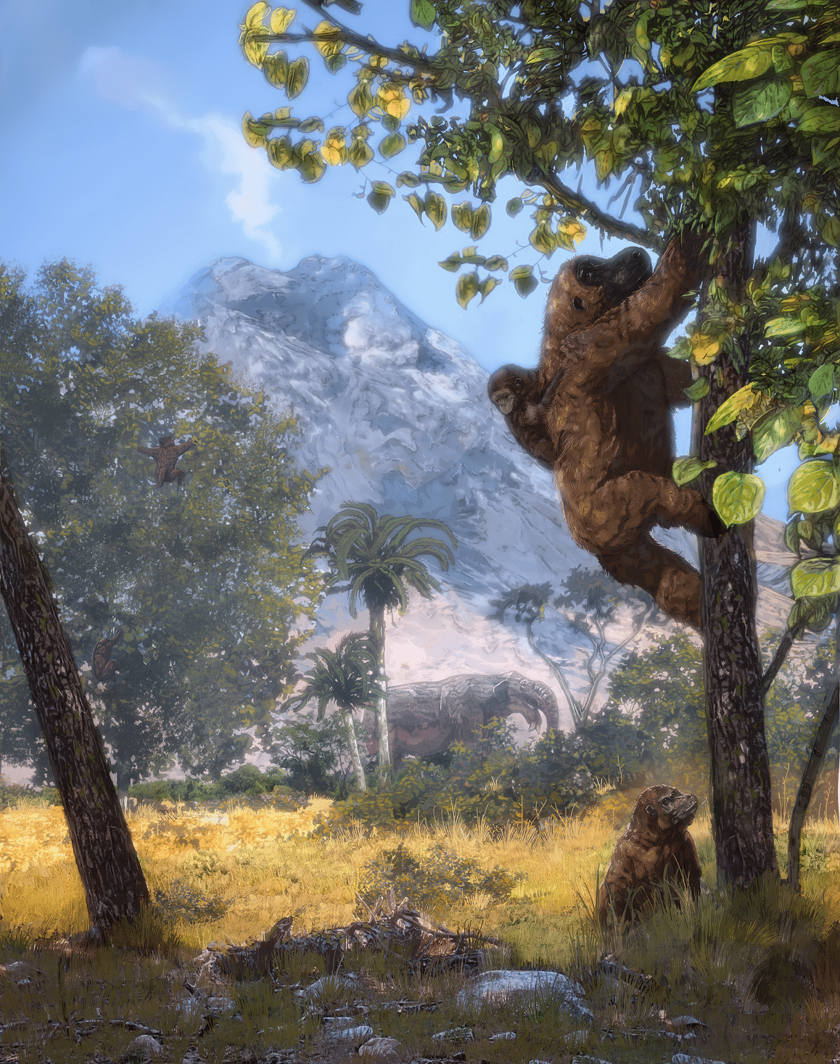 Καλλιτεχνική αναπαράσταση του ανοιχτού δάσους στη θέση Moroto II, με τον πίθηκο Morotopithecus bishop να σκαρφαλώνει κάθετα στο δέντρο με το βρέφος στην πλάτη και το νεαρό πίθηκο από κάτω
