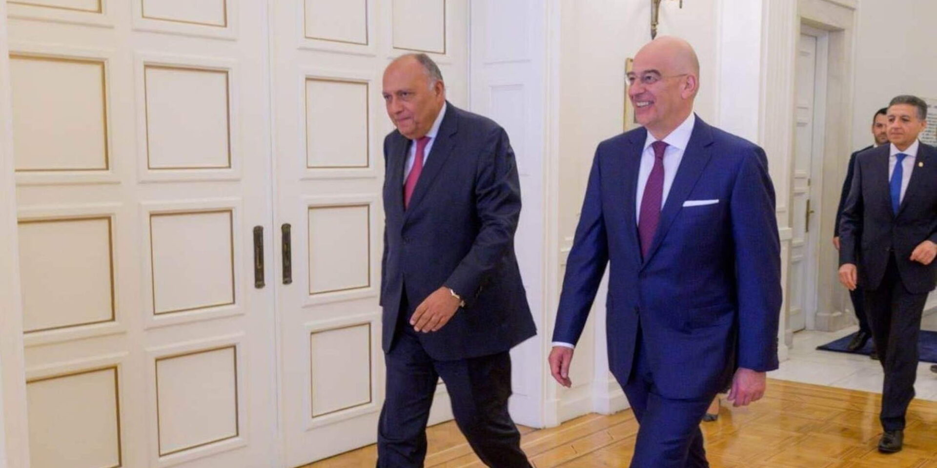 O υπουργός Εξωτερικών Νίκος Δένδιας σε κοινές δηλώσεις με τον Αιγύπτιο ομόλογό του Σάμεχ Σούκρι / Φωτογραφία: Twitter