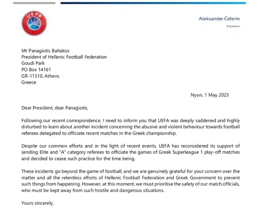 epistoli diaitisiajpg - Τέλος οι elite και Α' κατηγορίας διαιτητές: Επιστολή Τσεφέριν σε Μπαλτάκο - «Τέλος η βοήθεια της UEFA στην Ελλάδα», μετά την επίθεση στον διαιτητή Μάσα!