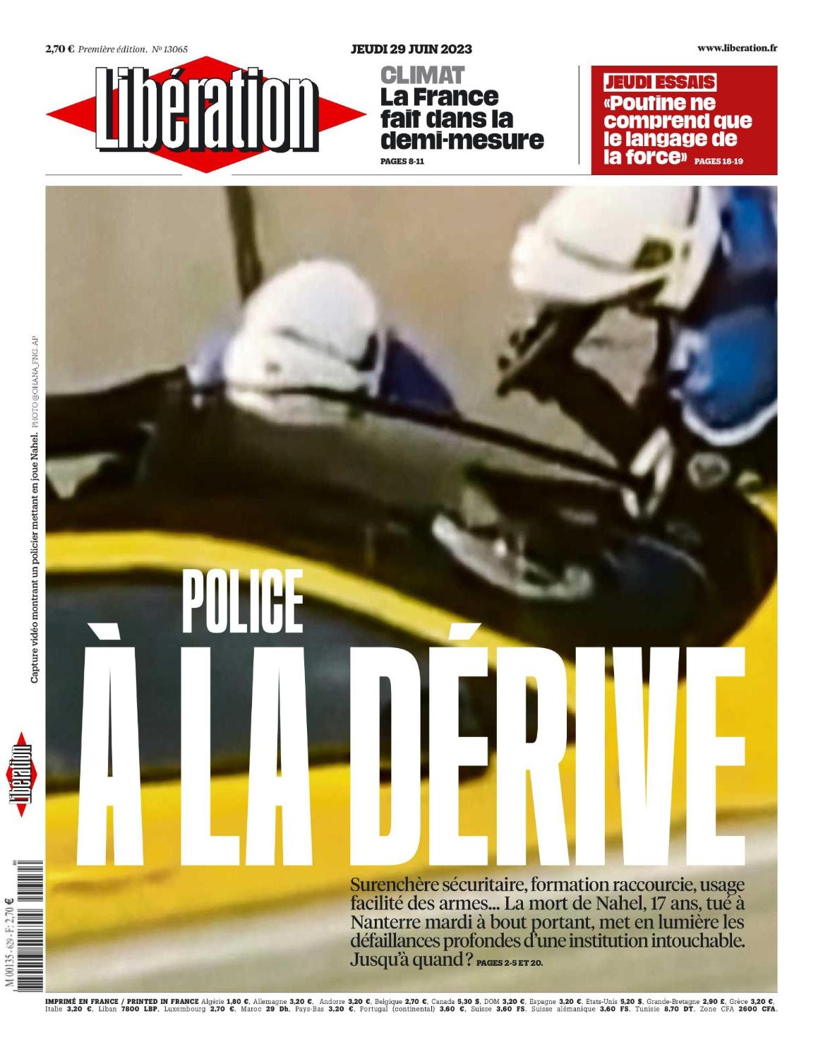 Καίγεται η Γαλλία για τη δολοφονία 17χρονου από αστυνομικό - Το εξώφυλλο της Liberation με τον πυροβολισμό