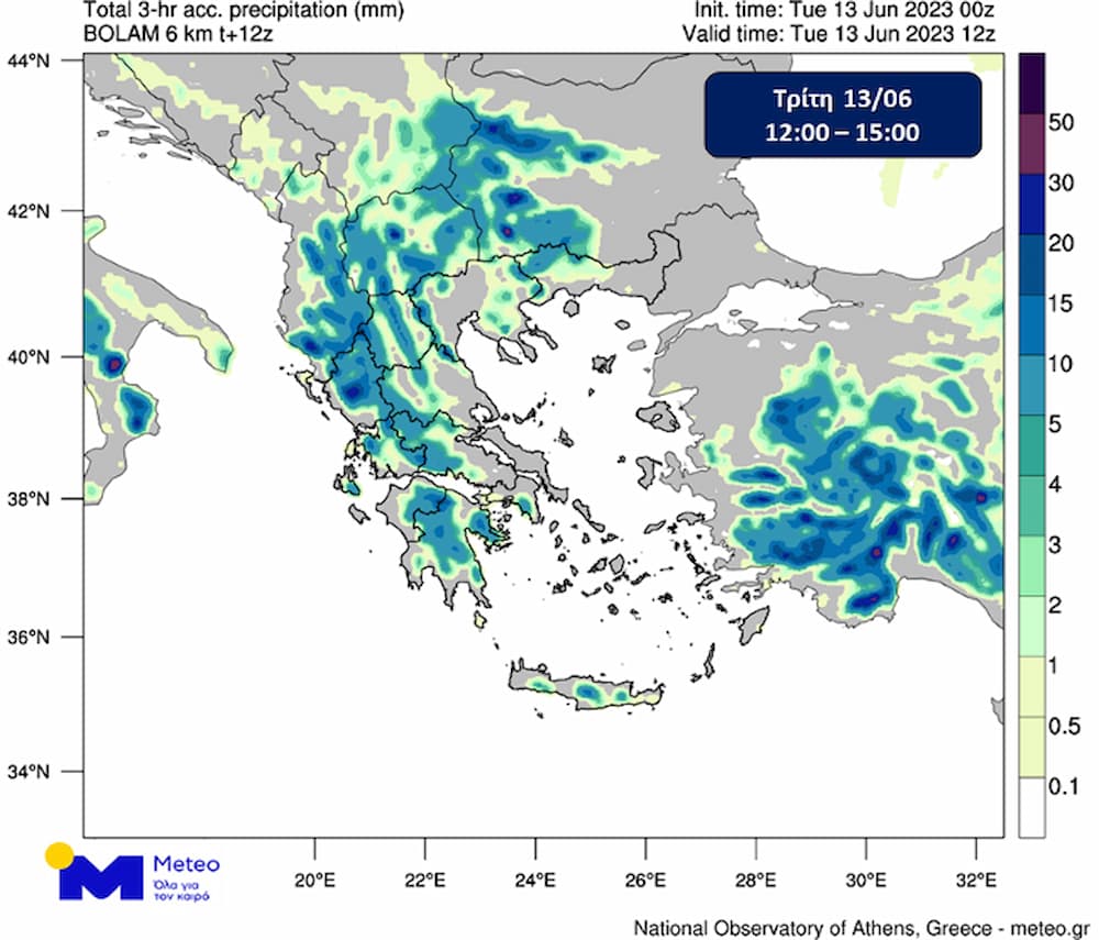 Xartis vroxis 13 6 23 - Καιρός σήμερα: Ισχυρές βροχές από το μεσημέρι - Καταιγίδες και στην Αττική (χάρτες)