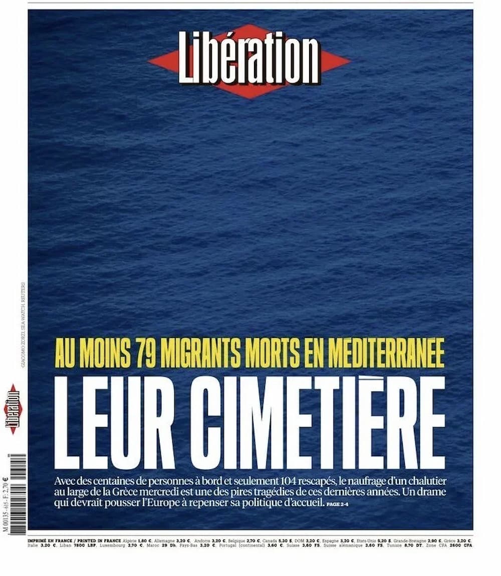 Το συγκλονιστικό εξώφυλλο της «Liberation» για το ναυάγιο στην Πύλο - «Το νεκροταφείο τους»