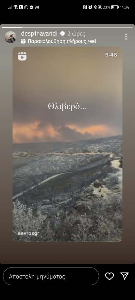 Screenshot 20230824 143452 - Δέσποινα Βανδή για την πυρκαγιά στον Έβρο: «Θλιβερό» (εικόνα)  