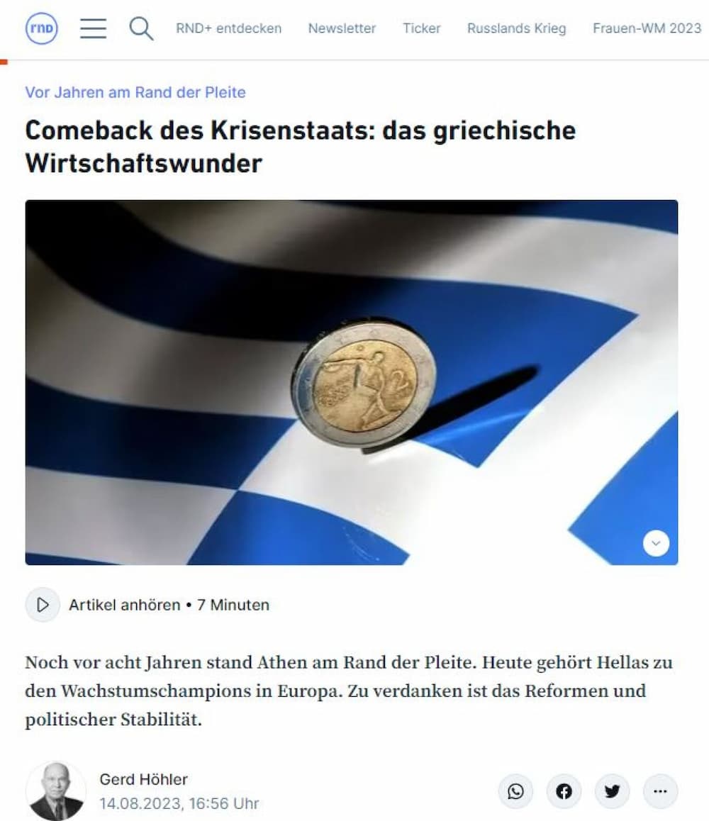 Γερμανικό ΜΜΕ αποθεώνει την κυβέρνηση Μητσοτάκη: «Το ελληνικό οικονομικό θαύμα - Από τη χρεοκοπία, στην ανάπτυξη»